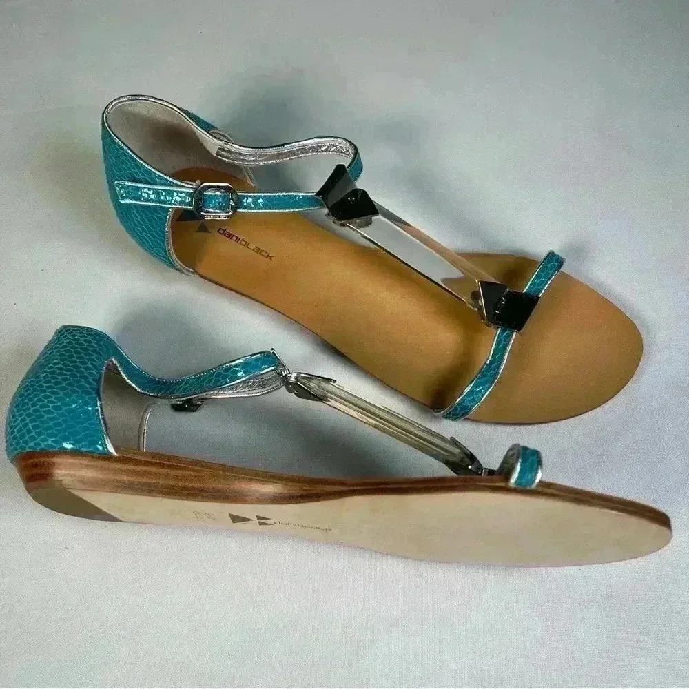 Dani Black turquoise/silver snake flat sandals clear bar between straps Sz 9.5 - Picture 2 of 13